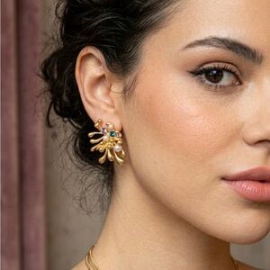 Aurora Borealis Stones Faux Pearl Gold Splatter Bohemian Earrings Boho NEW Gift